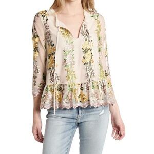 Cupcakes Cashmere Almeta Blouse. Floral Embroidered and Sheer. Tie front size XS